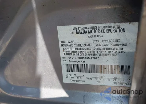 2007 Mazda Mazda6 I Sport Ve from USA, damaged, VIN 1YVHP80C575M42075